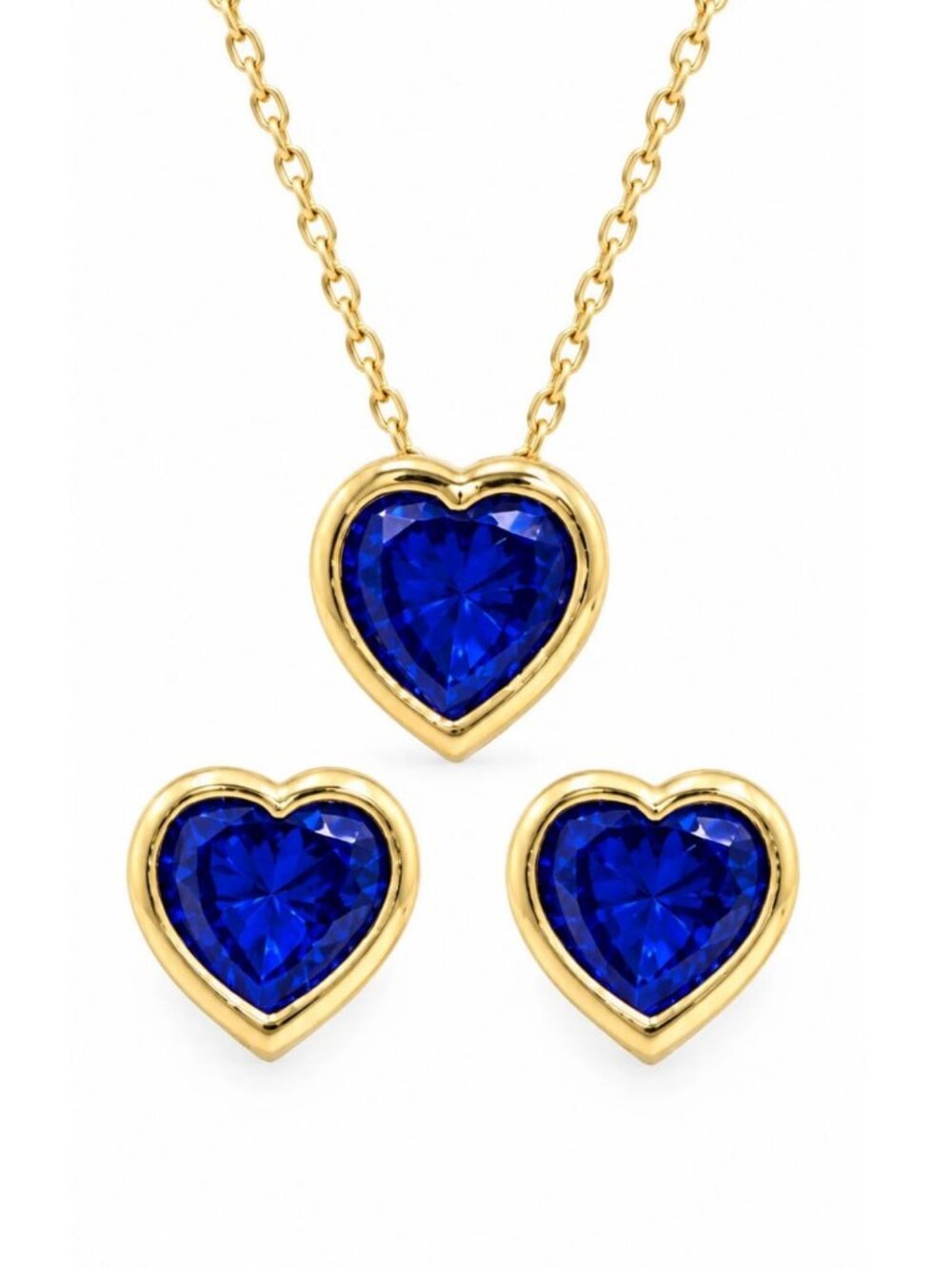 Genuine 3.45 Ct Blue Sapphire Heart Pendant & Stud Earrings Set Solid 14K Gold